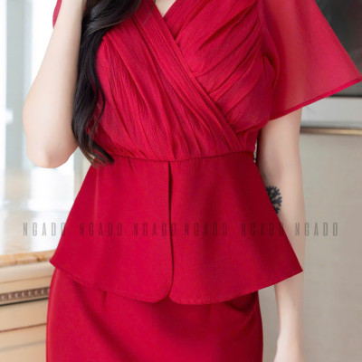 Set áo váy đỏ cổ tim NGADO , Set đồ nữ , Set áo váy thiết kế