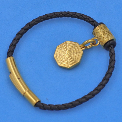 Vòng tay dây da khóa inox cao cấp size 3 ly mix Bát Quái inox vàng - Vòng tay Bát Quái - Vòng size nhỏ phù hợp cho nữ