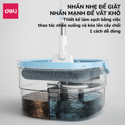 Bộ Cây Lau Nhà Tách Nước Bẩn Thông Minh Deli, Chổi Lau Nhà Xoay 360 độ 2 Ngăn Kèm Bông Lau