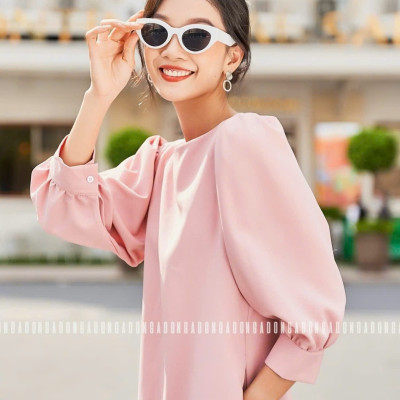 Đầm hồng cổ thuyền tay lửng NGADO , đầm nữ , Đầm suông , Đầm thiết kế