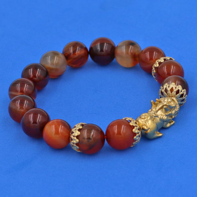 Vòng đeo tay Thạch Anh Nâu 12 ly - cẩn Tỳ Hưu Phong Thủy Chiêu Tài Lộc inox vàng VTANTHBKV12