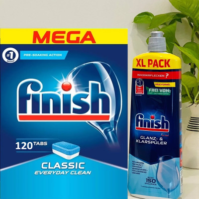 Viên rửa bát Finish 120 viên + Nước làm bóng Finish 800ml dùng cho Máy rửa bát