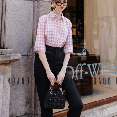 Áo sơ mi caro hồng dài tay NGADO