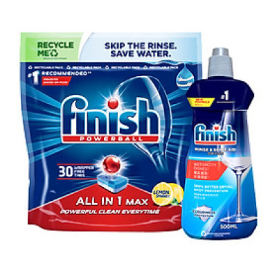 Combo 1 Cho Người Mới Bắt Đầu: Túi 24 Viên Nước Rửa Bát All In One Max + 800ml Nước Làm Bóng Rinse & Shine Aid