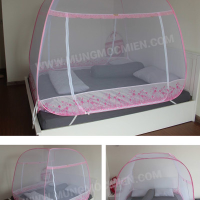 Màn Chụp , Mùng Chụp Cao Cấp Mộc Miên Đỉnh Rộng - Kích Thước 1,6mx2m Trắng Viền Hồng ( Hà Nội )