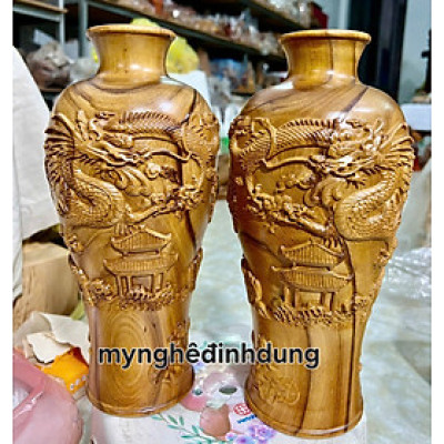 Cặp lục bình khắc rồng phong thủy cầu tài lộc  bằng gỗ  bách xanh thơm nức cao 30cm