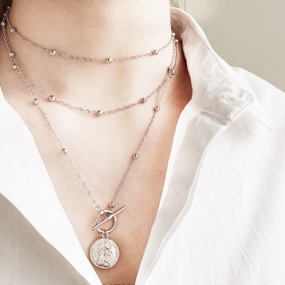 Vòng cổ dây chuyền đồng xu đơn giản nhiều lớp đa phong cách