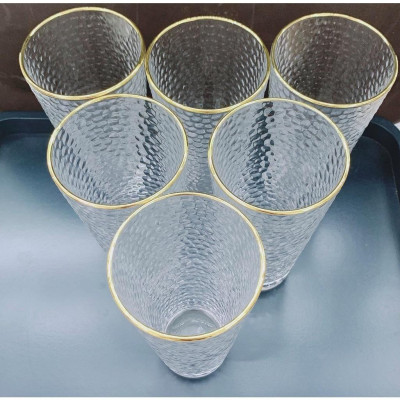 Bộ 6 cốc loe cao thấp thủy tinh viền vàng vân sần 350ml