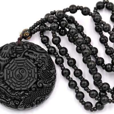 Vòng cổ long phụng bát quái thạch anh đen DBQD24