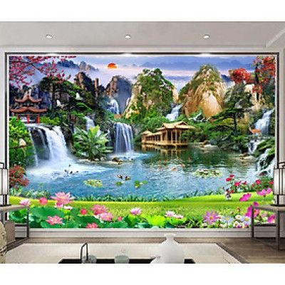 Tranh dán tường 3D Sơn thủy hữu tình  - VẢI LỤA phủ kim sa (kích thước theo yêu cầu)