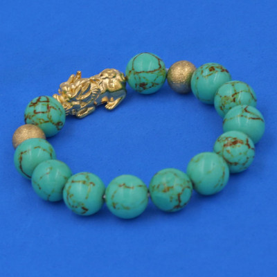 Chuỗi đeo tay San Hô Xanh Ngọc Sọc 12 ly - cẩn Tỳ Hưu Phong Thủy inox vàng VSHXLSTHHBV12