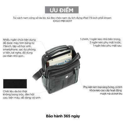 Túi xách công sở nam da thật cao cấp, túi đeo chéo nam đựng IPAD 7.9 inch phối khoen thanh lịch IDIGO MB1 - 6017