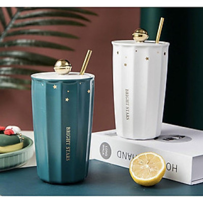 CỐC UỐNG NƯỚC BẰNG SỨ VÂN SỌC KÈM ỐNG MÚT HỢP KIM CAO CẤP