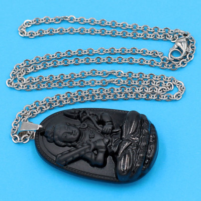 Vòng cổ phật Hư Không Tạng Bồ Tát - thạch anh đen 3.6cm DITTEB6 - dây inox bạc - tuổi Sửu, Dần