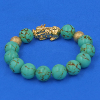 Chuỗi đeo tay San Hô Xanh Ngọc Sọc 12 ly - cẩn Tỳ Hưu Phong Thủy inox vàng VSHXLSTHHBV12