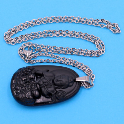 Vòng cổ Phổ Hiền Bồ Tát - thạch anh đen 3.6cm DITTEB2 - dây inox bạc - kèm hộp nhung - tuổi Thìn, Tỵ