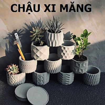 Combo 4 Chậu trồng sen đá, xương rồng bonsai cây cảnh bằng xi măng Origami hình trụ 15x11cm - Cement pots handmade Vintage / gift