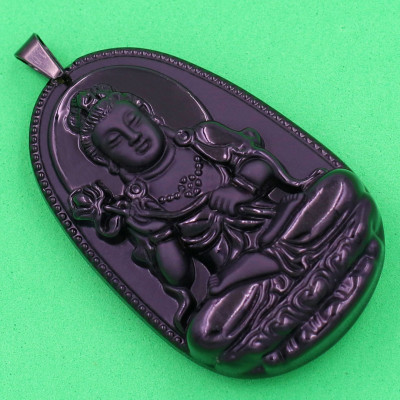 Mặt Phật Đại Thế Chí Bồ Tát thạch anh đen 3.6cm - phật bản mệnh tuổi Ngọ - Móc inox