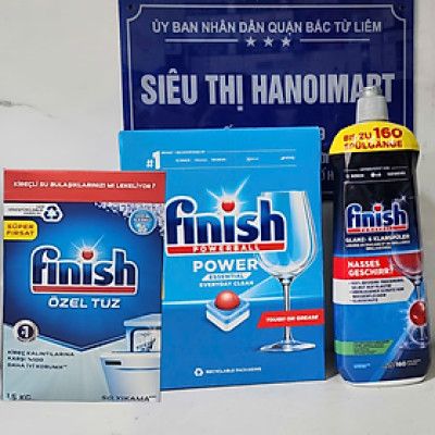 Combo rửa chén Finish: Nước Làm bóng 800ml, Muối hộp 1.5kg, Viên rửa bát finish 94 viên all in 1 Nhập khẩu Châu Âu.