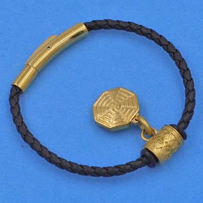 Vòng tay dây da khóa inox cao cấp size 3 ly mix Bát Quái inox vàng - Vòng tay Bát Quái - Vòng size nhỏ phù hợp cho nữ