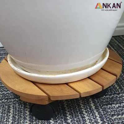 Combo 2 Đế Lót Chậu Cây Có Bánh Xe ANKAN 30cm Gỗ Tràm Mặt Tròn Màu Vàng, Chính Hãng