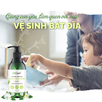 Nước Rửa chén hữu cơ trẻ em 24Care - Hương thảo mộc thiên nhiên Sả chanh/ Bạc hà/ Cam ngọt - Đuổi muỗi và côn trùng - Thơm nhẹ diệt khuẩn loại bỏ vết bẩn cứng đầu