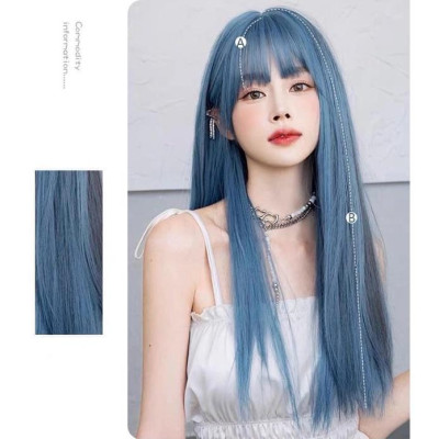Tóc giả thẳng xanh dương line đen