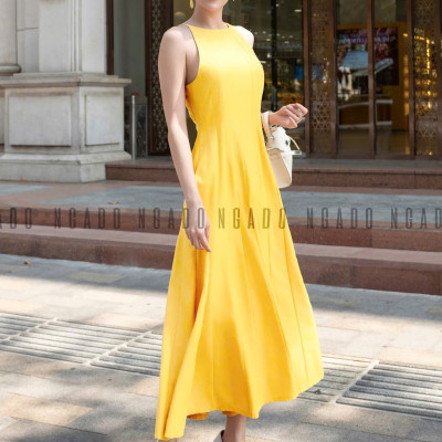 Đầm vàng chanh cổ yếm NGADO , đầm cổ yếm , đầm kiểu Nữ