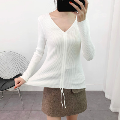 Áo len nữ trơn dài tay, cổ V dây rút croptop cách điệu xinh xắn Al35