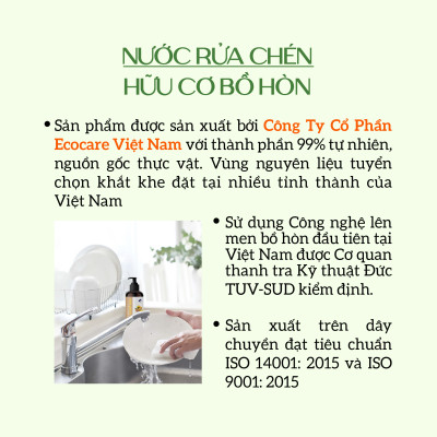 Nước rửa chén hữu cơ Bồ hòn Ecocare tinh dầu Quế 4000ml