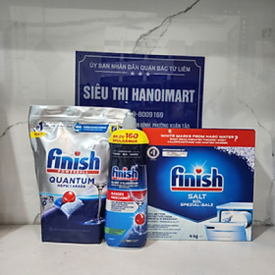 Combo Viên rửa bát Finish Quantum 60 viên hương thường + Muối Finish 4kg + Nước làm bóng Finish 400ml hương chanh