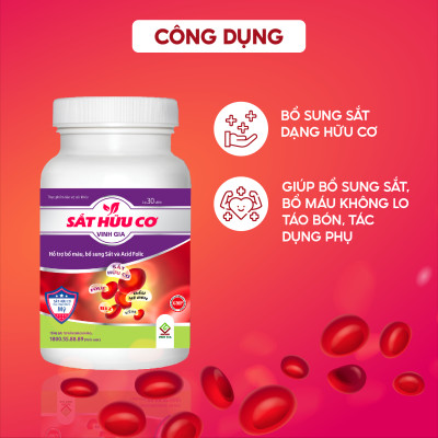 Viên Uống Bổ Sung Sắt Dạng Hữu Cơ VINH GIA Giảm Tình Trạng Thiếu Máu Lên Não, Hoa Mắt, Da Xanh Xao Hộp 30 Viên