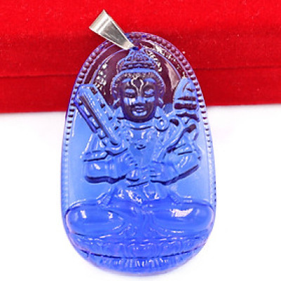 Mặt phật Hư Không Tạng thủy tinh xanh dương 3.6cm - phật bản mệnh tuổi Sửu, Dần - Móc inox