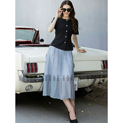 Set áo váy đen chân váy tơ xám NGADO , set áo váy dài , set công sở