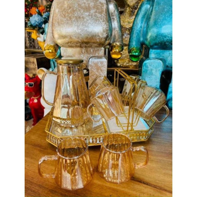 Cobo bộ bình đựng nước uống thủy tinh chịu nhiệt cao cấp  6 cốc , khay và giá úp cốc màu vàng Gold sang trọng