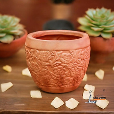 Chậu Gốm Đất Nung Chum Hoa Văn - Chậu Trồng Sen Đá