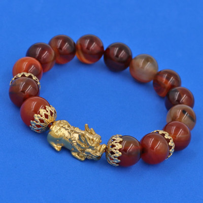 Vòng đeo tay Thạch Anh Nâu 12 ly - cẩn Tỳ Hưu Phong Thủy Chiêu Tài Lộc inox vàng VTANTHBKV12