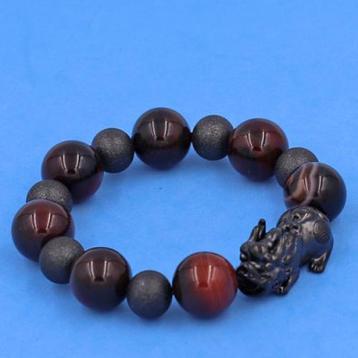 Vòng Tỳ Hưu inox charm Thạch Anh Nâu size 16 ly phối 6 bi - hợp mệnh Thổ, mệnh Kim - Vòng size XXL