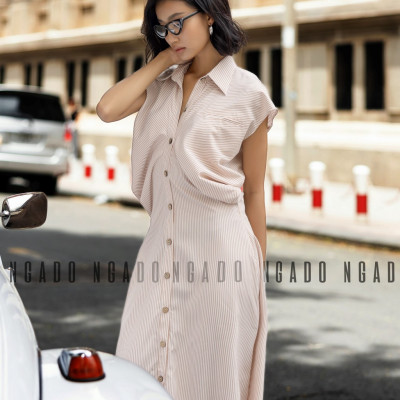 Đầm sơ mi sọc cam NGADO, Đầm suông, Đầm vintage, Đầm dạo phố thiết kế