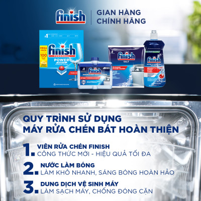 Combo Finish tiện lợi 4: Hộp 100 Viên Rửa Bát Essential + Nước Làm Bóng Finish 500ml + Dung dịch vệ sinh máy