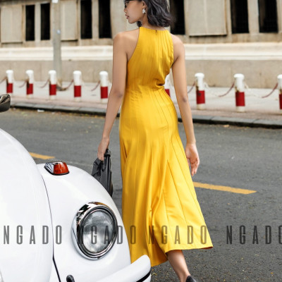 Đầm vàng cổ yếm NGADO, Đầm xòe hở vai, Đầm dự tiệc, Đầm dạo phố