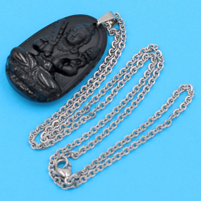 Vòng cổ phật Hư Không Tạng Bồ Tát - thạch anh đen 3.6cm DITTEB6 - dây inox bạc - tuổi Sửu, Dần