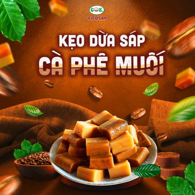 Kẹo dừa sáp VICOSAP vị cà phê muối kẹo mềm dẻo ít đường đặc sản Trà Vinh hộp 100g