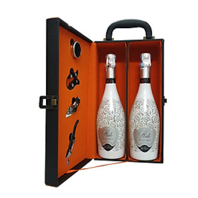 Hộp da 2 chai rượu vang sủi tăm Ý Casa Burti