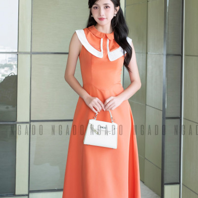 Đầm cam cổ sen phối trắng NGADO, đầm dự tiệc , đầm dạo phố