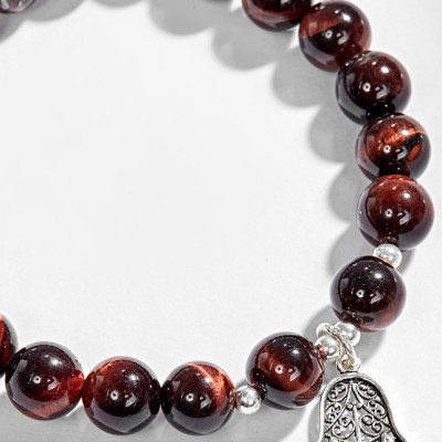 Vòng Tay Đá Mắt Hổ Nâu Đỏ Phối Bàn Tay Hamsa Bạc Ngọc Quý Gemstones