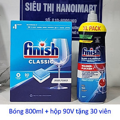 Viên rửa bát Finish 120 viên + Nước làm bóng Finish 800ml dùng cho Máy rửa bát
