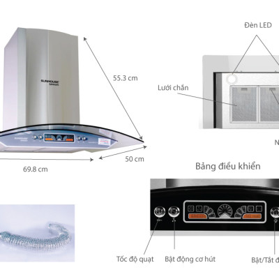Máy Hút Mùi Kính Cong Sunhouse Mama MM6707-70 (180W) - Hàng chính hãng