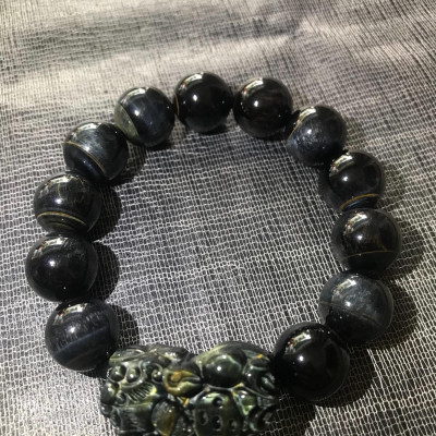 VÒNG TỲ HƯU HÚT TÀI LỘC 14LY ĐÁ MẮT HỔ  MÀU XANH ĐEN ĐÁ THIÊN NHIÊN NAM MỆNH THUỶ MỘC CUNG SANH