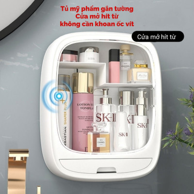 Kệ đựng mỹ phẩm cao cấp, CỬA MỞ NAM CHÂM KÍNH MIKA TRONG SUỐT treo tường không đục lỗ ( TẶNG MÁY TỈA LÔNG MŨI )